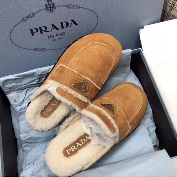Prada Tan Shearling Lined Slippers - Picture 2 of 4